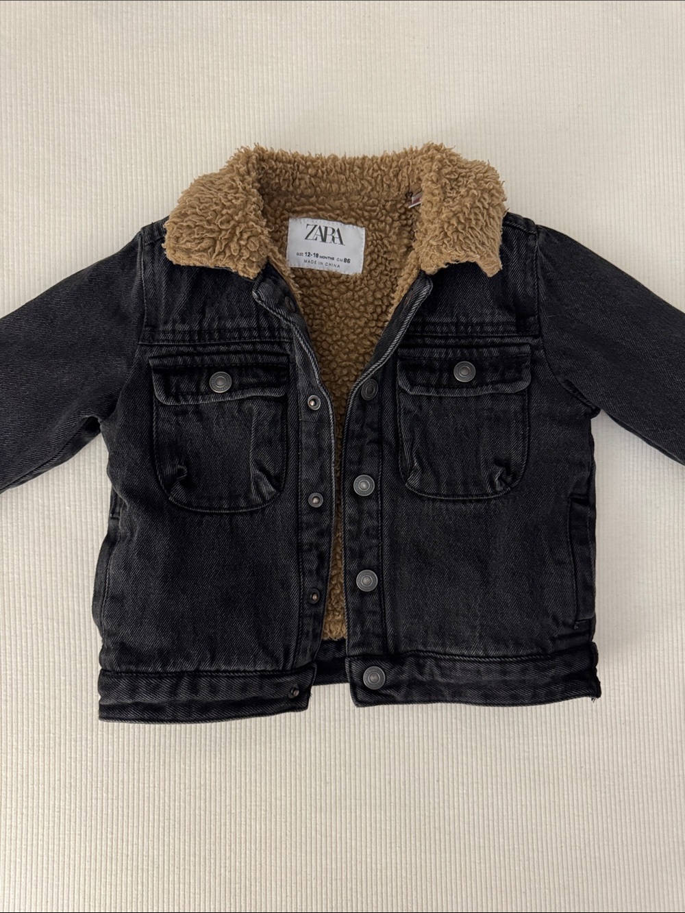 Zara Black Denim Jacket with Tan Sherpa Collar